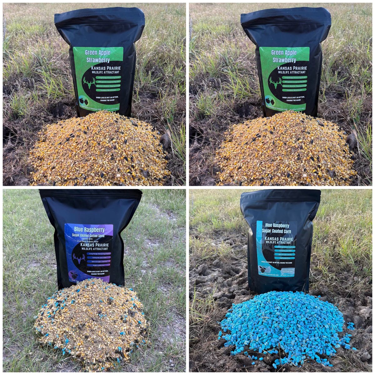 4 pack deer attractant Save $5 2 Green Apple, 1 Sugar coated corn and 1 Sugar coated cotton seed